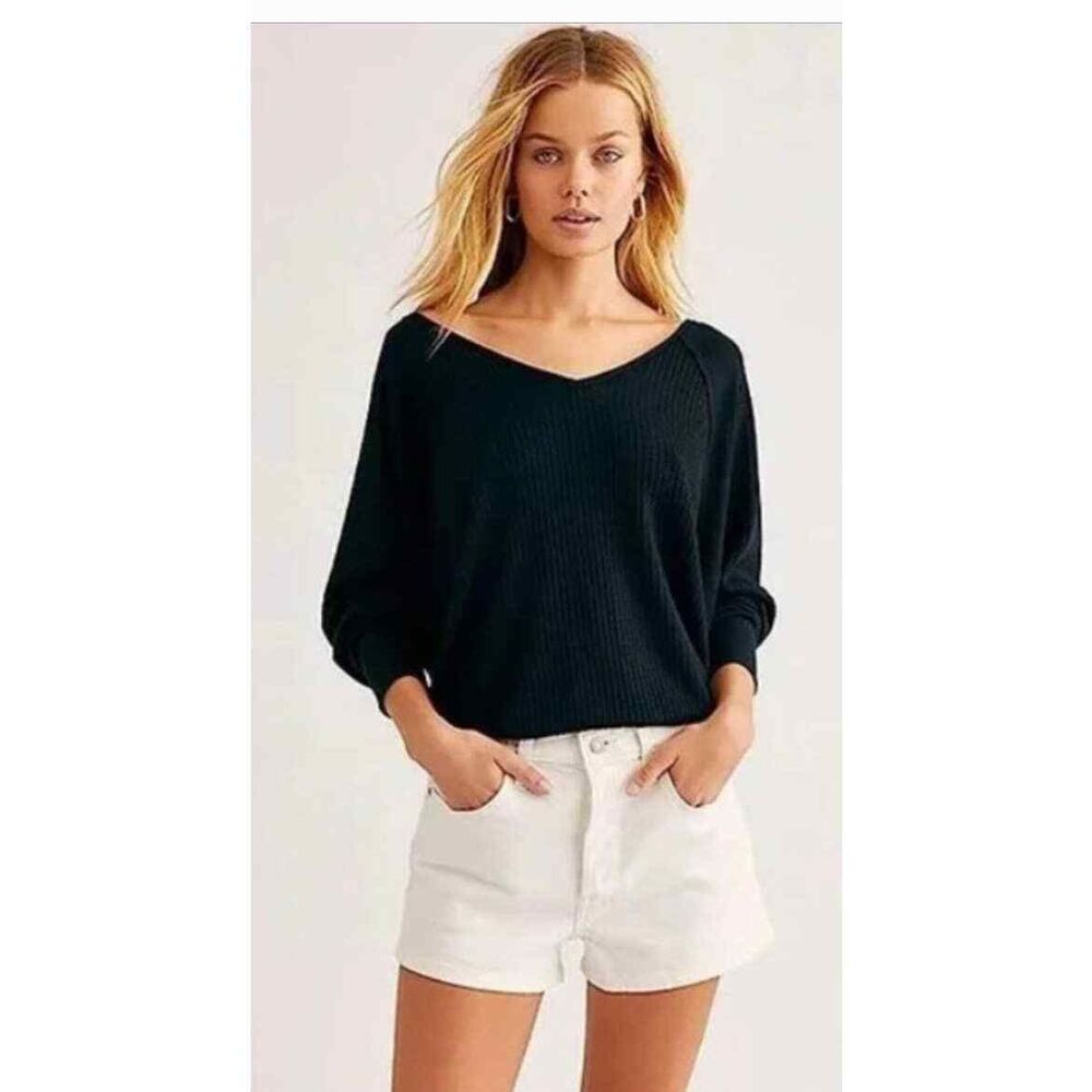 Free People Santa Clara 100% Cotton Waffle Knit Thermal Black NWT Size Medium
